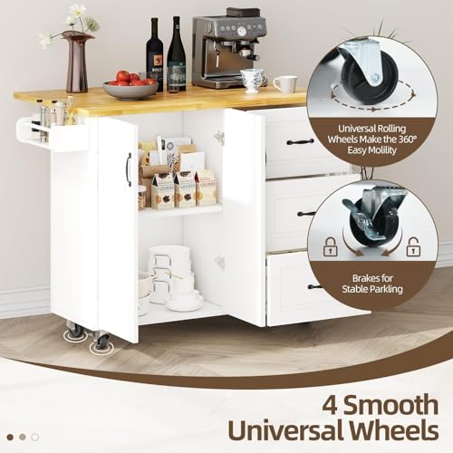 4 EVER WINNER 43" Kitchen Island with Drop Leaf, Rolling Kitchen Island | Modern Design, 4 Wheels, 3 Storage Drawers, Spice Rack & Towel Rack, for Kitchen Dining Room, White - style: Modern