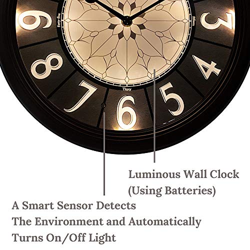 12.6" Illuminated Farmhouse Wall Clock | Silent Battery-Operated Night Light Wall Clock, Smart LED Sensor, Living Room, Kitchen, Bath, Oil-Rubbed Bronze - color: Oil Rubbed Bronze, size: 12.6"