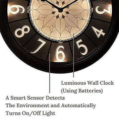 12.6" Illuminated Farmhouse Wall Clock | Silent Battery-Operated Night Light Wall Clock, Smart LED Sensor, Living Room, Kitchen, Bath, Oil-Rubbed Bronze - color: Oil Rubbed Bronze, size: 12.6"