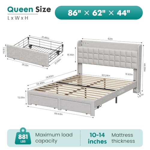 DUMOS Queen Bed Frame, Upholstered Platform Bed Frame with Storage Drawers | Queen Size Bed Frame With Storage Drawers, with Headboard, Wood Bed Slats Support 882 lbs, No Box Spring Needed, Light Grey - color: Light Gray, size: Queen (U.S. Standard)