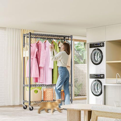 M MZG Heavy Duty Rolling Garment Rack 3 Tiers Adjustable Wire Shelving Clothes Rack with 1 Rods and Side Hooks,Storage Closet Clothing Rack with Wheels Black 15.7" D x 45.3" W x 75.6" H - color: Black, size: 3 Tier and 1 Rod 15.7"D x 45.3"W x 75.6"H