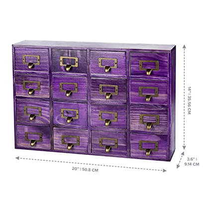 Purple 16-Slot Wooden Drawer Unit - Country Style Desk Organizer Box - 20"x3.6”x14” Wooden Storage Box w/ 16 Drawers - Countertop Drawers w/Label Holder & Handle - Slim 4-Level Organizer - color: 16 Drawer Plum Purple
