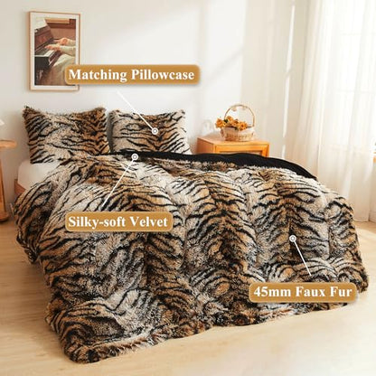 XeGe Tiger Print Fluffy Faux Fur Duvet Cover Set, Queen Size, Tiger Brown | 3 Pieces Soft Plush Shaggy Fuzzy Bedding Set(1 Farmhouse Animal Print Comforter Cover + 2 Furry Pillow Cases), Zipper Closure - color: Tiger Print Brown, size: Queen