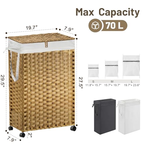 70L Slim Laundry Hamper with Lid & Wheels, 2-Park Rolling Laundry Basket with 4 Removable Liner Bags & 3 Mesh Bags, Narrow Dirty Clothes Basket, Foldable Handwoven Rattan Laundry Sorter, Natural - color: Natural