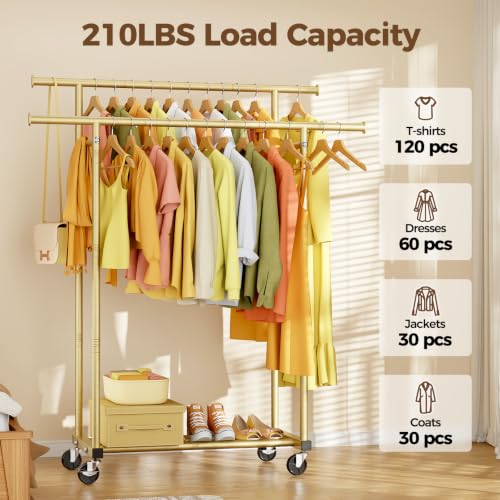 HYSEYY Double Rods Clothes Rack, Sturdy Rolling Clothing Rack, Portable Clothing Racks for Hanging Clothes - Metal Garment Rack Wardrobe Coat Rack for Bedroom Laundry Living Room, Light Gold - color: Light Gold