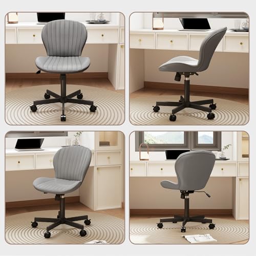 Armless Office Chair, PU Leather Office Chair with Wheels & Adjustable Height, Swivel Rocking Computer Chair, Ergonomic Soft Padded Office Chairs for Small Space, Study and Vanity, Grey - color: Grey
