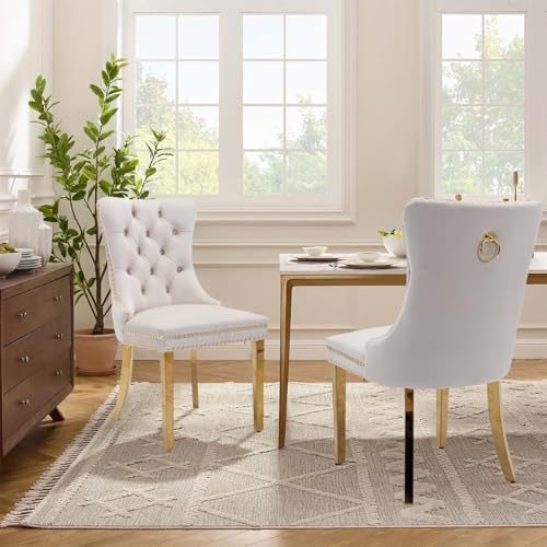 Velvet Upholstered Dining Chairs Set of 8, Modern Style Kitchen Side Chairs with Nailhead Trim and Gold Plated Leg, Metal Pulling Ring for Dining Room Living Room(Beige) - color: Beige-gold Plated Leg, size: Set of 8