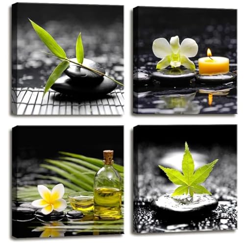 Yxbhhym-Black Art Zen Canvas Wall Art Meditation Wall Picture Green Poster Stone photo prints Massage Painting bathroom pictures for wall Living Room Wall Decor Bedroom Decorations Framed - color: Aze4B, size: 12"L x 12"W x 4 pcs