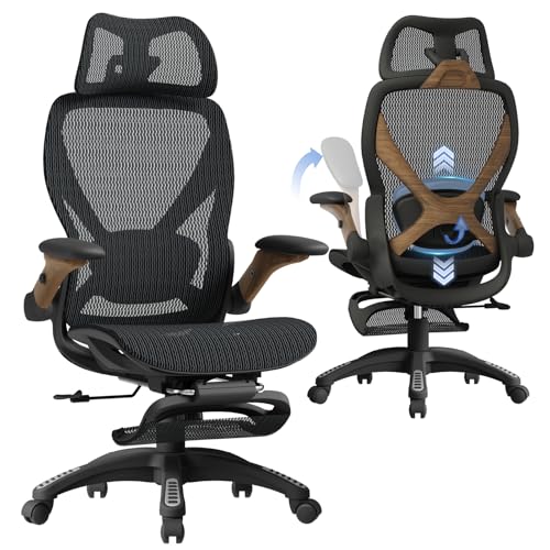 X100 Ergonomic Mesh Office Chair with Footrest, Big and Tall Home Desk Chair with 5D Flip-Up Arms, Adjustable 3D Lumbar Support, Gaming & Executive Computer Chair (Library Oak) - color: Library Oak
