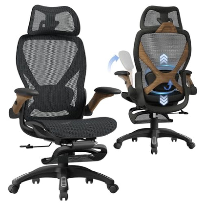 X100 Ergonomic Mesh Office Chair with Footrest, Big and Tall Home Desk Chair with 5D Flip-Up Arms, Adjustable 3D Lumbar Support, Gaming & Executive Computer Chair (Library Oak) - color: Library Oak