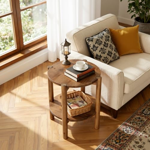 Solid Wood Round Side Table, 2-Tier Small End Table with Storage Shelf, Farmhouse Rustic Nightstand for Living Room, Bedroom, Small Spaces, Easy Assembly (1 PC, Natural Brown)