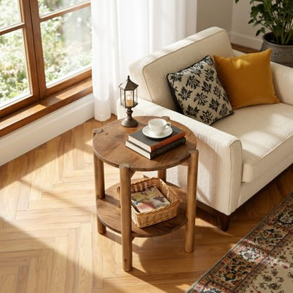 Solid Wood Round Side Table, 2-Tier Small End Table with Storage Shelf, Farmhouse Rustic Nightstand for Living Room, Bedroom, Small Spaces, Easy Assembly (1 PC, Natural Brown)