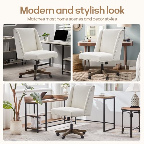 Upholstered Armless Office Chair Fabric Swivel Home Desk Chair with Wheels | Modern Comfy Boho Office Chair with Wooden Legs Adjustable Desk Chair no Arms for Sewing Women Farmhouse Study Studio Beige - color: Beige