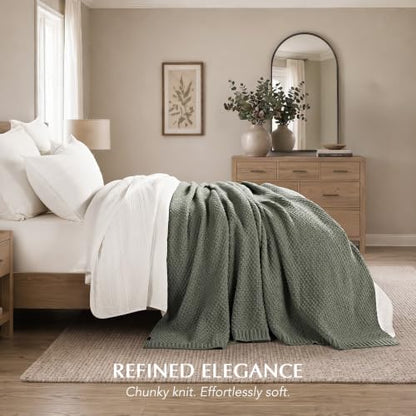 EVERGRACEHOME Chunky Chenille Knit Throw Blanket, 90x90, Dried Thyme Green | Sculpted Moss Stitch, Chic Modern Farmhouse, All-Season Warmth, OEKO-TEX® Certified, Oversized Queen for Couch, Bed, Sofa - color: Dried Thyme, size: 90" X 90"
