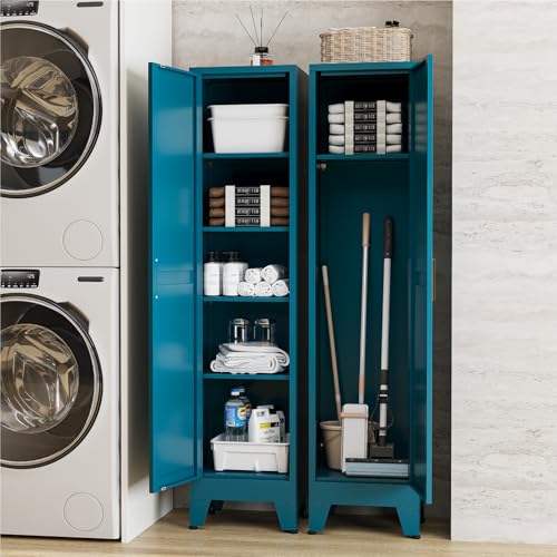 67" Tall Storage Cabinet with Reversible Doors and Adjustable Shelves,Metal Slim Freestanding Cabinet for Bathroom Kitchen Garage Small Spaces,Blue,5-Tier 1 Pack - color: Blue, size: 11.8"D x 15.7"W x 67"H