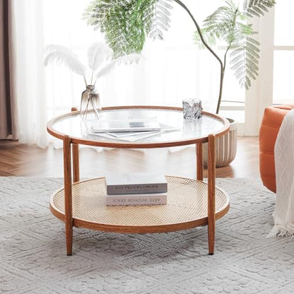 VINGLI 30" Rattan Coffee Table, Round Water-Wave Glass Metal Center Table, Modern Coffee Table with 2-Tier Storage, Farmhouse Circular Coffee Tables for Living Room and Small Space, Natural Vibe | Water-Wave Glass Metal Center Table, Boho Coffee Table wit