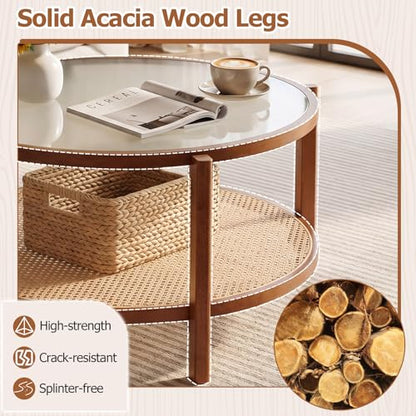 Giantex Rattan Coffee Table, 35" Farmhouse Glass Center Table with Storage, Frosted Tempered Glass Top & Solid Wood Leg, Small Accent Tea Table, Round Coffee Table for Living Room, Small Space, Walnut - color: Walnut