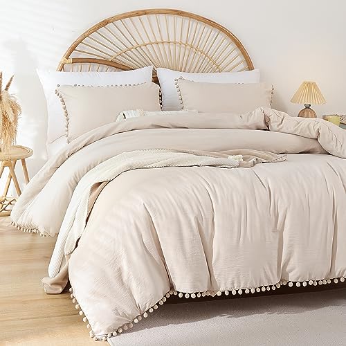 YIRDDEO Queen Comforter Set, Beige Ball Pom Fringe Bedding Set 3 Pieces | Solid Color Queen Comforter Soft Boho Fluffy Reversible Lightweight Comforter 90"x90"& 2 Pillow Shams 20"x26" for All Seasons - color: Beige, size: Queen