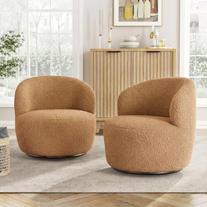 FiveWillowise Swivel Accent Chair Set of 2, 360° Small Round Barrel Chairs, Modern Cozy Sherpa Padded Armchair for Living Room, Bedroom, Waiting Room, Office, Sand - color: Sand, size: 2 PC