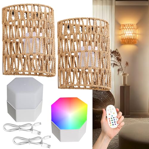 Battery Operated Wall Sconce，Boho Rechargeable Wireless Wall Sconce Rattan | 5000mAh RGB Dimmable Rechargeable Wicker Rattan Wall Lamp Boho Stepless Dimming for Bedrooms, Bathroom,Passway, Living Room