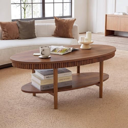 Janmer Home Oval Coffee Table with 2-Tier Storage Shelf, 40" Modern Coffee Tables, Wood Small Center Table, Fluted Accent Tea Table for Small Space Living Room Apartment,Easy Assembly (Walnut) - color: Walnut-40inch Oval, style: 40inch