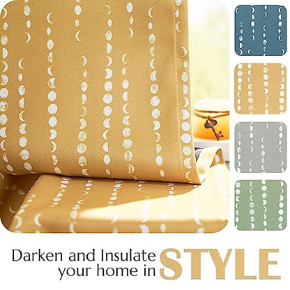 jinchan Boho Blackout Curtains 63 Inch Length Moon Phase Printed Drapes | Mustard Yellow Farmhouse Curtain for Bedroom Living Room Back Tab Drapes Room Darkening Window Treatment 2 Panels - color: Luna | Mustard Yellow, size: 52"W x 63"L (Pack of 2)
