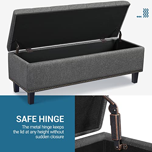 Yaheetech 49in Square Storage Ottoman Coffee Table with Nailhead, Dark Gray | Button-Tufted Linen-Look Fabric Bench, 3.5C Storage Space, Wood Legs, Metal Hinges, for Bedroom Foot of Bed Living Room - size: 17.5"D x 49"W x 18"H