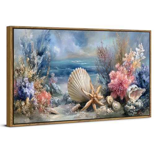 Framed Coastal Wall Decor Minimalism Seashell Coral Line Art Canvas Graffiti Abstract Beach Picture for Living Room Blue Ocean Seascape Painting Rustic Conch Starfish Artwork Bathroom Decoration 20x40 - color: Starfish, size: 20"L x 40"W