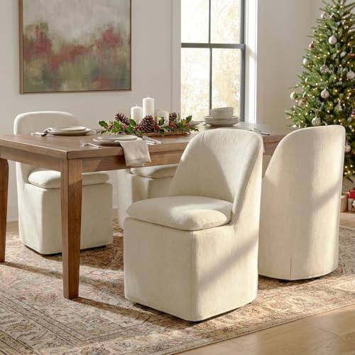 KISLOT Upholstered Dining Chairs with Casters, Washable Cover Modern Dining Room Chairs with Thick Cushion & Sturdy Metal Frame for Kitchen, Living Room, Dressing Room, Sand Fabric, Set of 4 - color: Sand, size: set of 4(2 BOX)