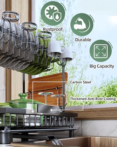 Dish Drying Rack, 2 Tier Space-Saving Dish Rack, Multifunctional Dish Drainer for Kitchen Counter with Drainboard/Utensil/Cup Holder Rustproof Carbon Steel, Black - color: Black
