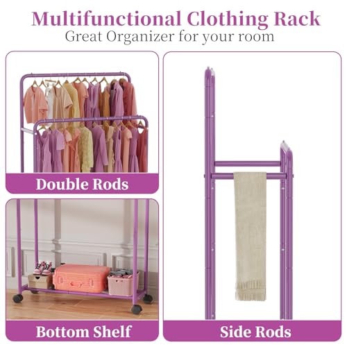 Simple Trending Clothing Clothes Rack, Double Rod Garment Rack, Purple | Portable Closet with Bottom Shelf, Anti-Slip Stoppers, 360° Lockable Wheels, Multiple Uses, Bedroom, Laundry Room - color: Purple