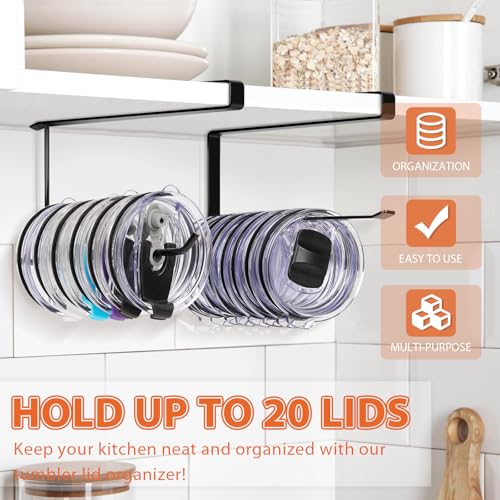 2 Pack Tumbler Lid Organizer, Versatile Storage Holds 20 Lids, Round&Flat | Space Saving Cup Lid Organizers Inside Cabinet Tumbler Lid Hook for Pantry Kitchen Organizer, Paper Towel Rack Hanger, Black - color: Black, size: 2 Pack(Round&Flat)