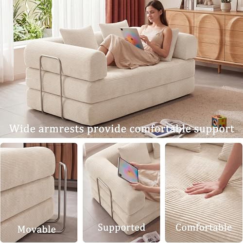 53.15" Boneless Couch,4-in-1 Futon Sofa Bed Modular Loveseat Sleeper Folding Compressed Couch with Pillows,No Assembly Required Convertible Sofa Bed for Living Room Bedroom Guest Room,Beige - color: Beige, size: 53.15" Loveseat Sofa