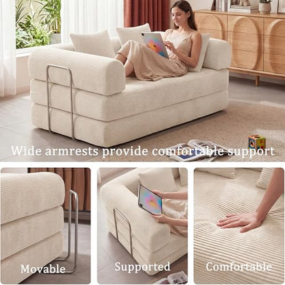 53.15" Boneless Couch,4-in-1 Futon Sofa Bed Modular Loveseat Sleeper Folding Compressed Couch with Pillows,No Assembly Required Convertible Sofa Bed for Living Room Bedroom Guest Room,Beige - color: Beige, size: 53.15" Loveseat Sofa