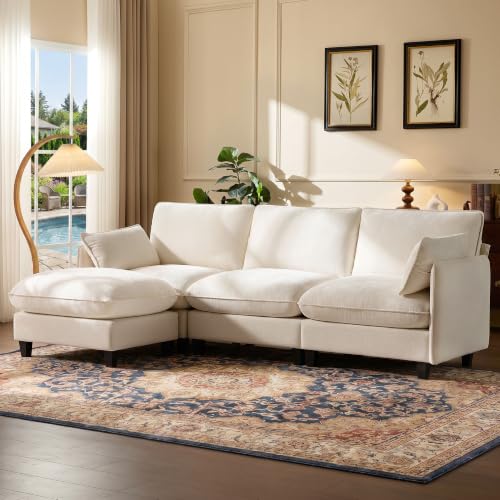 Ihanherry 105" Modular Sectional Sofa, L-Shaped Cloud Couch with Oversized Large Cushions & Movable Ottoman, Chenille Deep Seat Couch for Living Room, Beige - color: Beige Cream, size: 105“ 4 Seat L Sofa