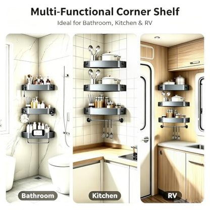 3-Tier Corner Shower Caddy, Rustproof Shower Shelf, Adhesive/Drill | Adhesive/drill, Fits tile/marble/glass, 6 hooks & towel bar, for renters & apartments, kitchen, laundry, grey