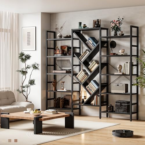 70x70” Triple 5 Tier Book Shelf, Large Wooden Bookcase with 17 Open Display Shelf, Modern Tree Bookshelf Metal Frame Tall Book Case Furniture for Living Room Bedroom Home Office Black - color: Black, size: 5 tier