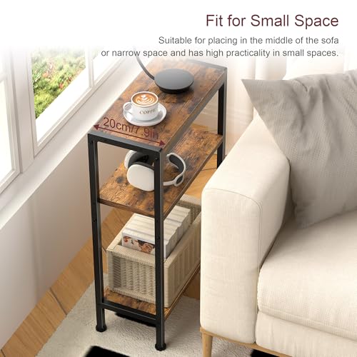Narrow Side Table set of 2 for Small Space, 3 Tier Slim End Table, Thin Nightstand, Skinny Snack Couch Table, Sofa bedside Table in Living Room, Bedroom, Study, kitchen and Balcony (Rustic Brown) - color: Rustic Brown, size: 3-Tier (7.9''D*17''W*26.6''H)