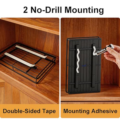 AOVA Pull Out Under Sink Organizer, Single-Tier Metal Sliding Shelf | Carbon steel basket, smooth slide-out rails, no-drill adhesive setup, for kitchen, pantry and bathroom cabinets