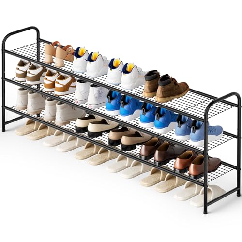 3-Tier Long Shoe Rack for Closet Metal Shoe Organizer for Entryway, Wide Stackable Shoe Storage Shelf with Sturdy Wire Grid for Closet Floor, Bedroom, Black - color: Black, size: 11.4x43x24.4