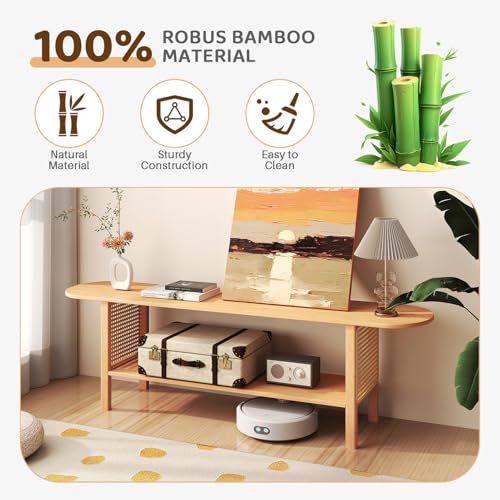 HollyHOME Bamboo TV Stand with Storage for TVs up to 65", Modern Entertainment Center with Rattan Side, Accent TV Table with 2 Shelf, Media Console TV Stand for Living Room, Bedroom, Burlywood - color: Rattan Side