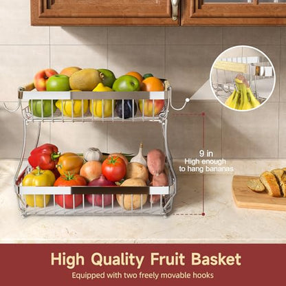 2-Tier Fruit Basket with Banana Hangers, Detachable Metal Bowl | Wooden handle, protective mats included. Versatile holder for bread, snacks, and veggies. Extra Large 2 tier metal design. - color: Silver, size: 2 Tier Extra Large