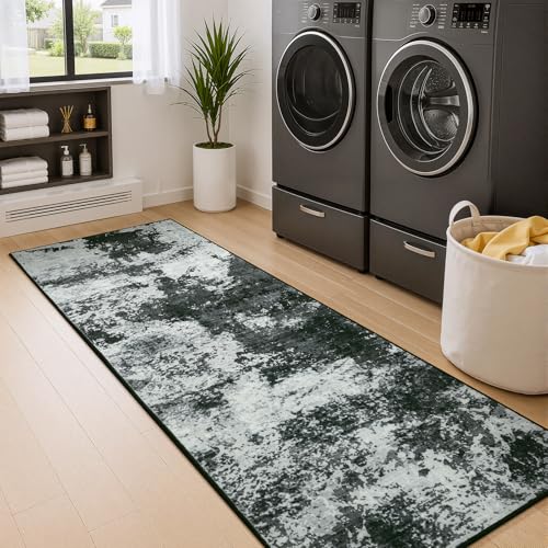 2x6 Hallway Runner Rug Washable Non-Slip Back Grey Low Pile Carpet | Stain Resistant, Soft Faux Wool, Abstract Pattern for Kitchen Walkway, Laundry Room, Entryway, Hallways - color: Black Grey, size: 2' x 6'(24''x72'')