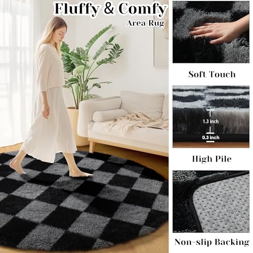 KICMOR Round Rug 4ft for Bedroom, Soft Fluffy Circle Area Rug Cute Fuzzy Shag Shaggy Small Living Room Carpet, Black and Grey Plush Checkered Circular Rug for Kids Room Nursery Home Decor Aesthetic - color: Black / Grey, size: 4' (Round)