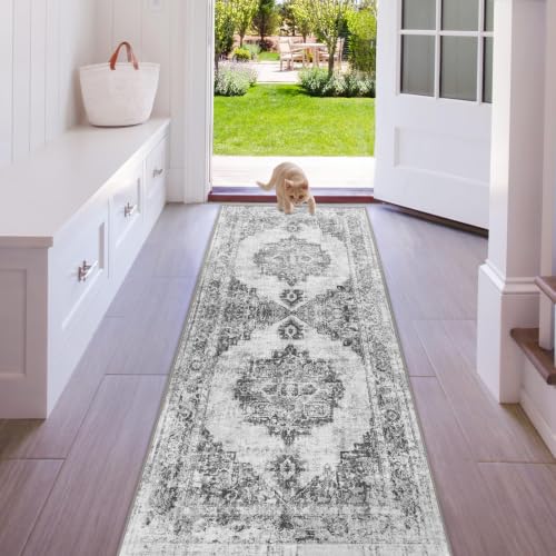 Area Rug 2x6 Runner Rugs: Washable Vintage Hallway Rug Indoor Medallion Rugs Low Pile Distressed Floor Carpet Retro Accent Rug for Kitchen Bedroom Bathroom Dining Room(Black, 2'x6') - color: Black, size: 2' x 6' (Rectangular)
