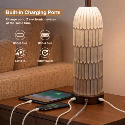 26" Bedside Table Lamps Set of 2, Farmhouse Lamp with USB,Dark Brown | Vintage Nightstand Lamp for Bedroom, Retro Design, Home decor for living Room, Nursery, Home Office, End Side table, Hallway - color: 26"-Grayish and Dark Brown