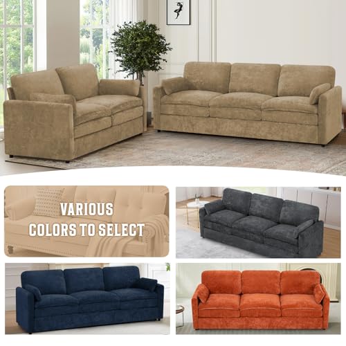 89" Chenille 3 Seats Sofa with 2 Pillows, Camel | Modern Upholstered Sofa with Deeper Seats, Comfy Sofa with Thickened Cushions for Living Room, Apartment - color: Camel, size: Sofa