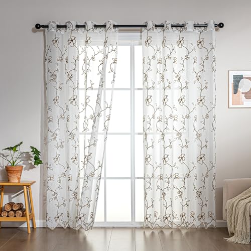 SLEEP ZONE Sheer Curtains for Living Room and Bedroom, Embroidered Sheer Curtains White Sheer Curtain 42 × 95 inches Long of 2 Panels, Off-White Floral Leaf - color: White Floral Leaf, size: 42"W×95"L