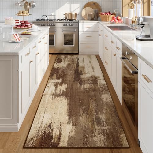 Kelarea Washable Runner Rug 2.6x8, Non-Slip Low Pile Abstract Brown | Water & Stain Resistant, Pet Friendly, Easy Clean, Ultra Soft, for Entrance, Kitchen, Bedroom, Hallways - color: Brown, size: 2'6" x 8' (Rectangular)
