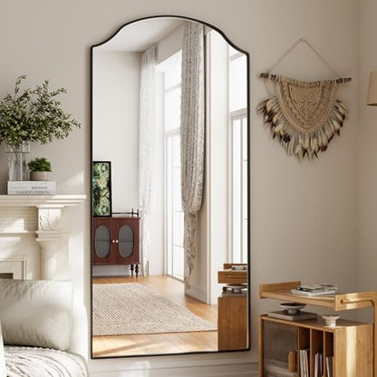 Wave Curved Top Arched Mirror Full Length, 71"x32" Large Mirror | Matte Aluminum Alloy Frame Full Body Mirror, Standing Hanging or Leaning for Bedroom and Living Room, Black - size: 71"L x 32"W
